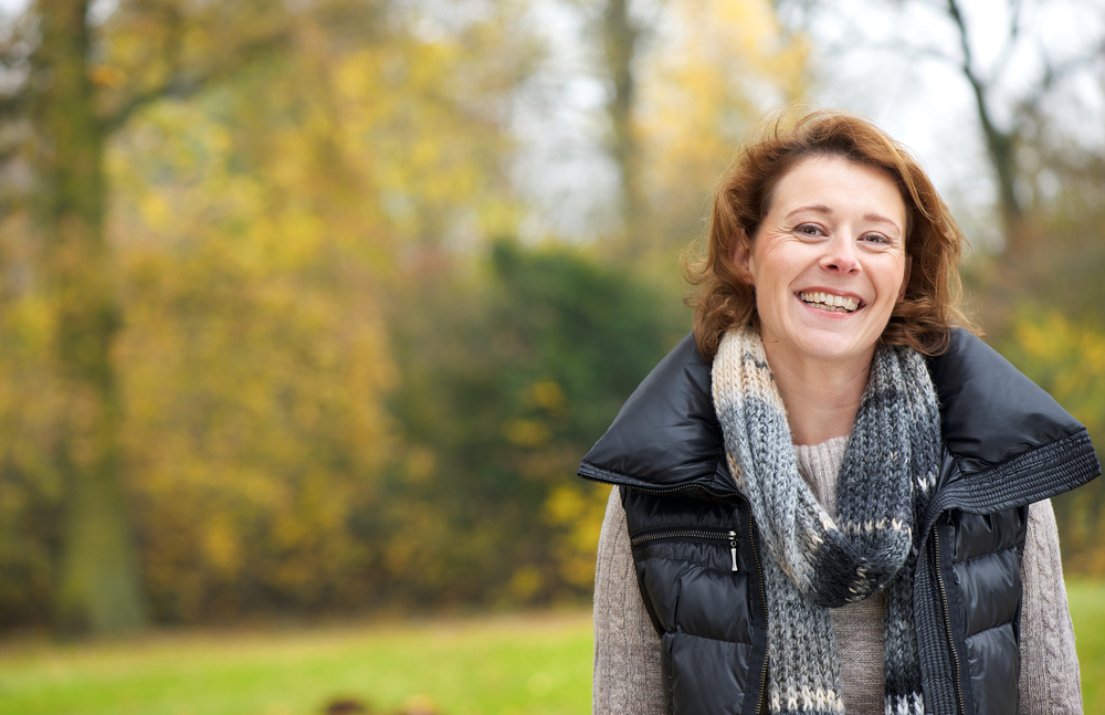 Mature woman has improved skin texture after trying Morpheus8 in autumn.